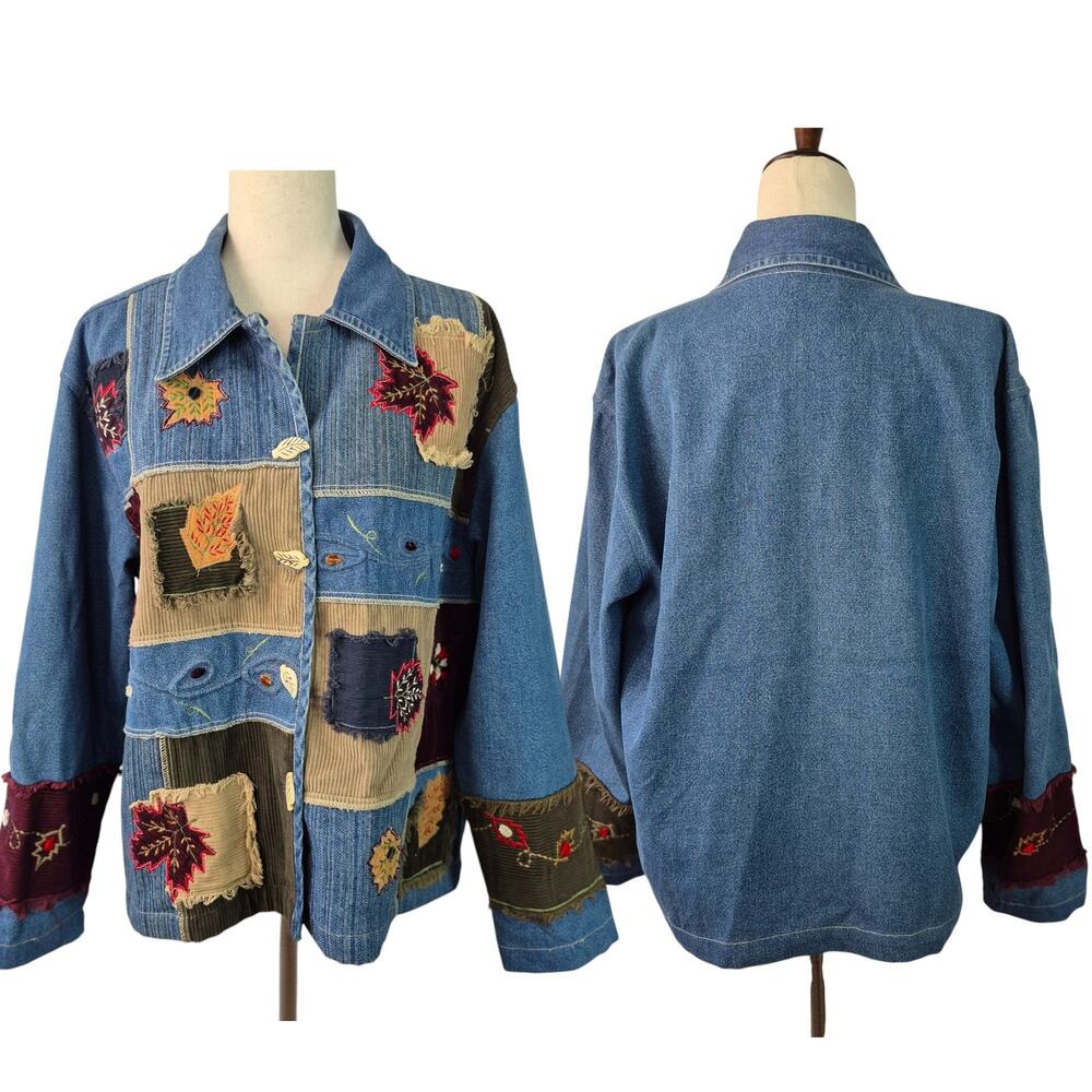 New Directions Blue Brown Denim Patchwork Fall Theme Embellishes Shirt Shacket M